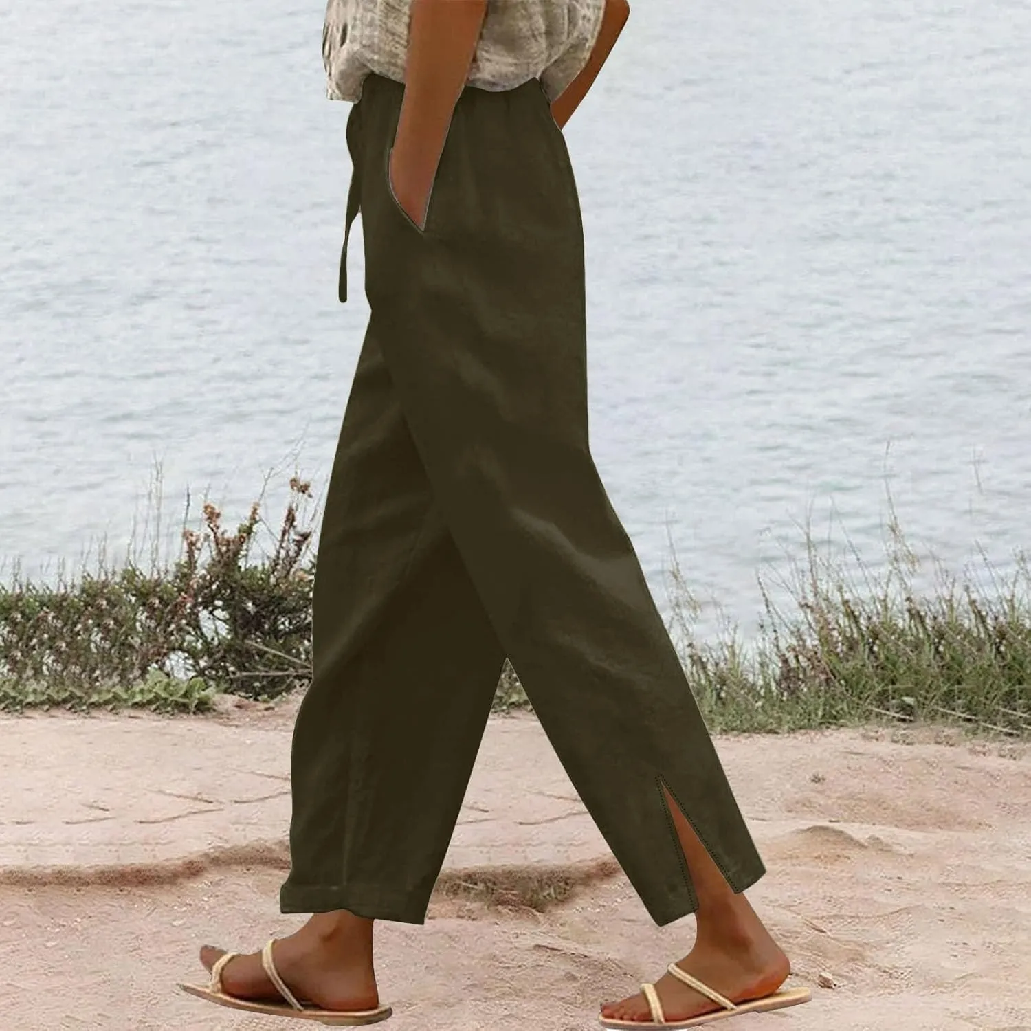 Women Summer Casual Linen Pants Boho Wide Leg Palazzo Pants Drawstring Beach Vacation Outfits Gauze Trendy Ladies Clothes