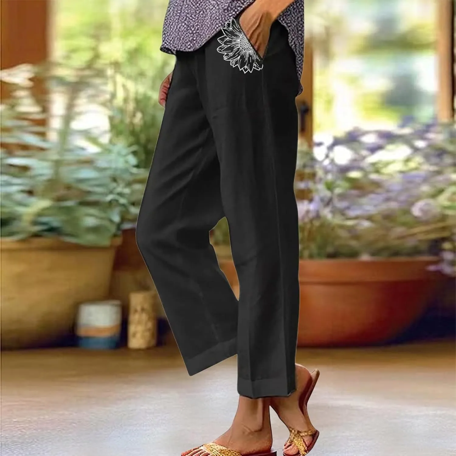 Womens Casual Cotton Linen Pants Boho Loose Palazzo Floral Pants with Drawstring and Pockets