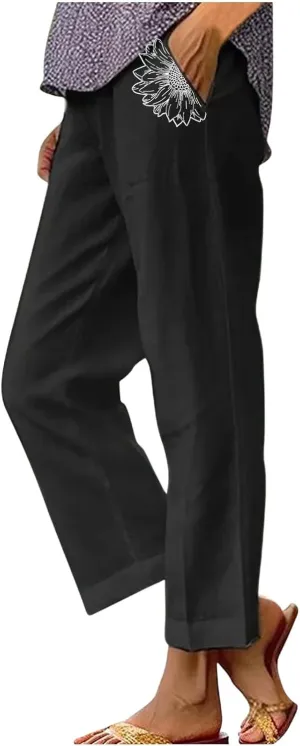 Womens Casual Cotton Linen Pants Boho Loose Palazzo Floral Pants with Drawstring and Pockets
