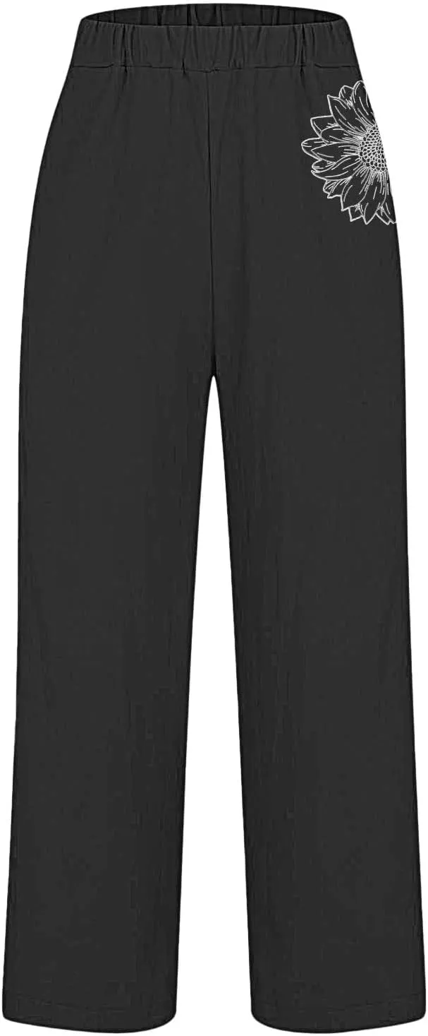 Womens Casual Cotton Linen Pants Boho Loose Palazzo Floral Pants with Drawstring and Pockets
