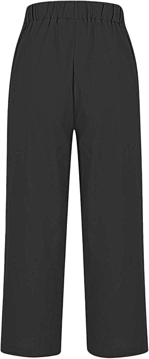 Womens Casual Cotton Linen Pants Boho Loose Palazzo Floral Pants with Drawstring and Pockets