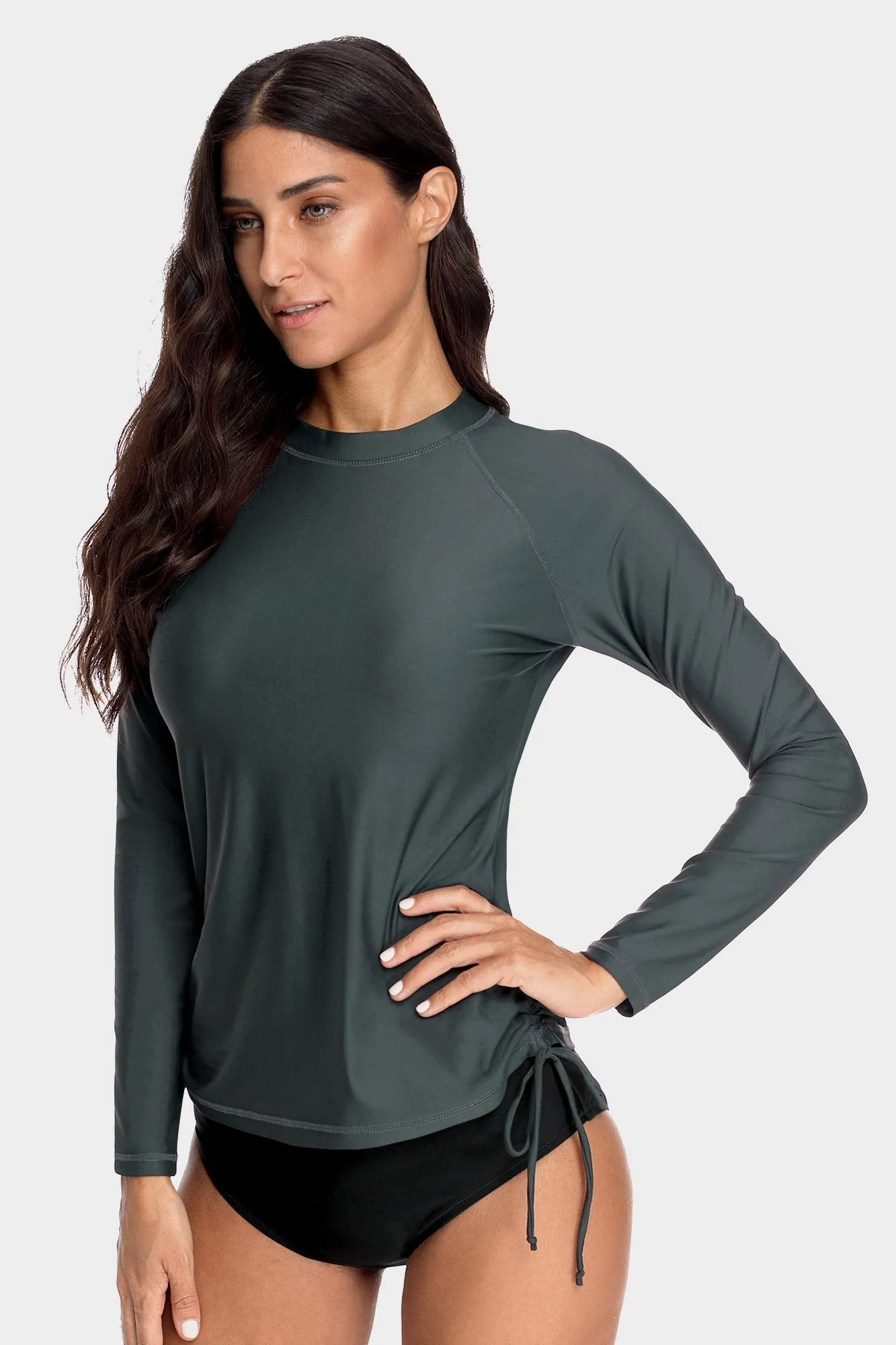 Women's Solid Grey Side Drawstring Long Sleeve UPF 50  Rashguard