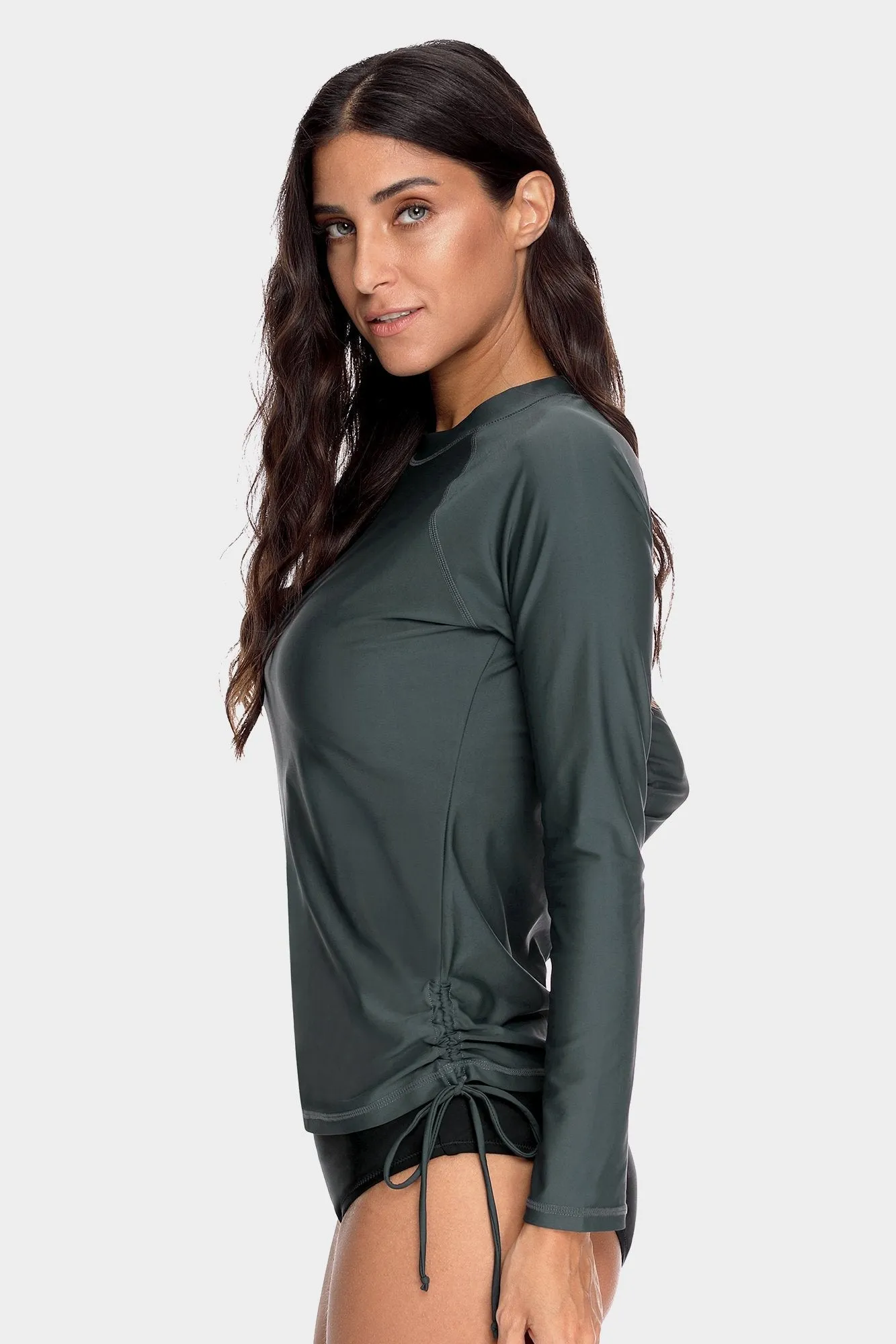 Women's Solid Grey Side Drawstring Long Sleeve UPF 50  Rashguard