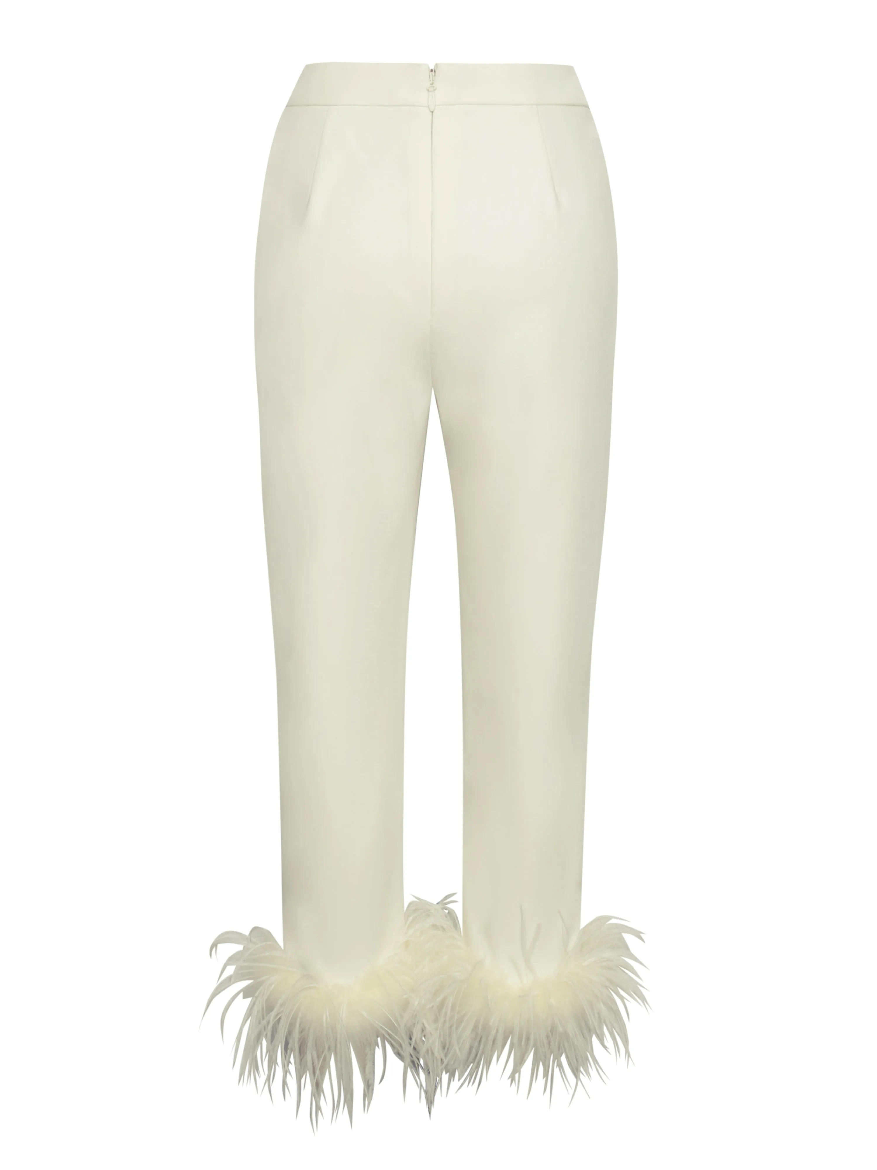 Yanely Cream White Charming Pants With Feather Trim