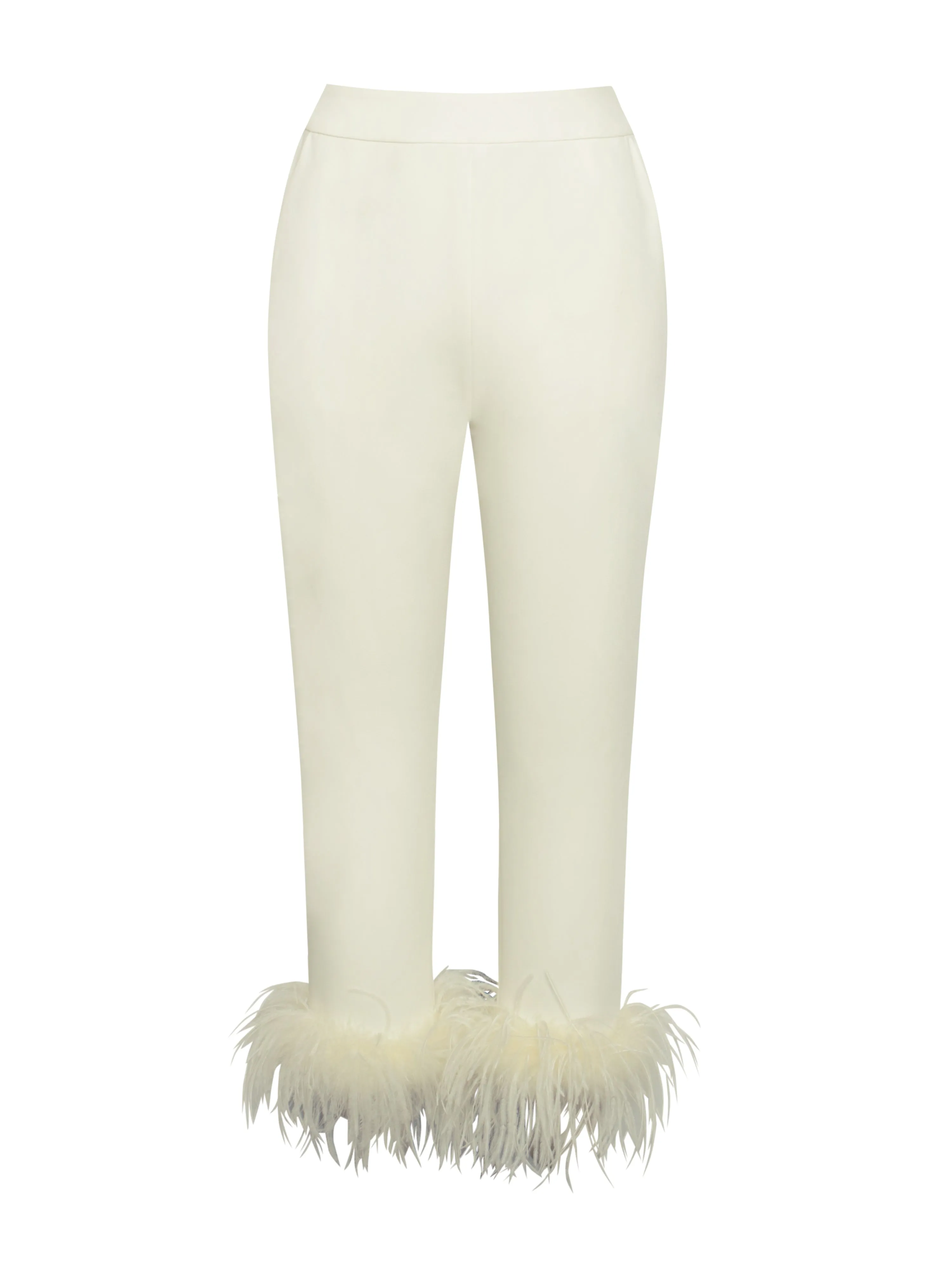 Yanely Cream White Charming Pants With Feather Trim