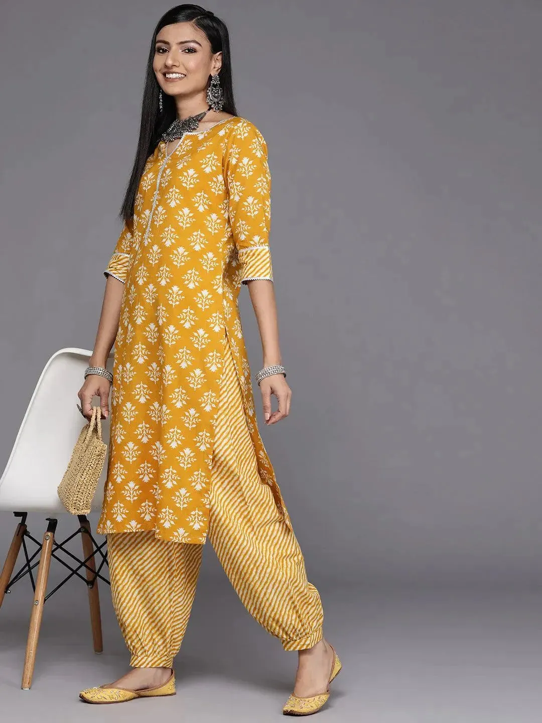 Yellow Printed Cotton Salwar Pants